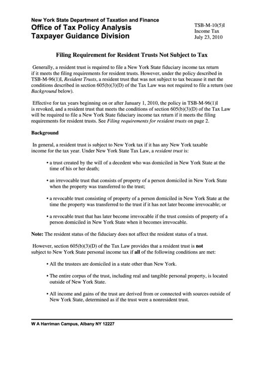 Fprm TsbM10(5)i Filing Requirement For Resident Trusts Not Subject