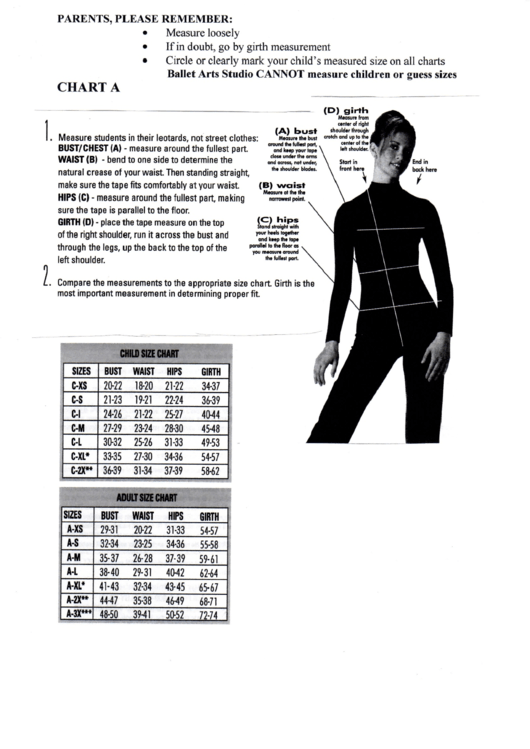 Ballet Clothing Size Chart printable pdf download