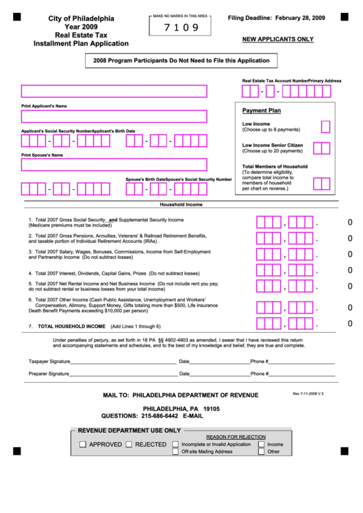 Real Estate Tax Installment Plan Application City Of Philadelphia 2009 printable pdf download