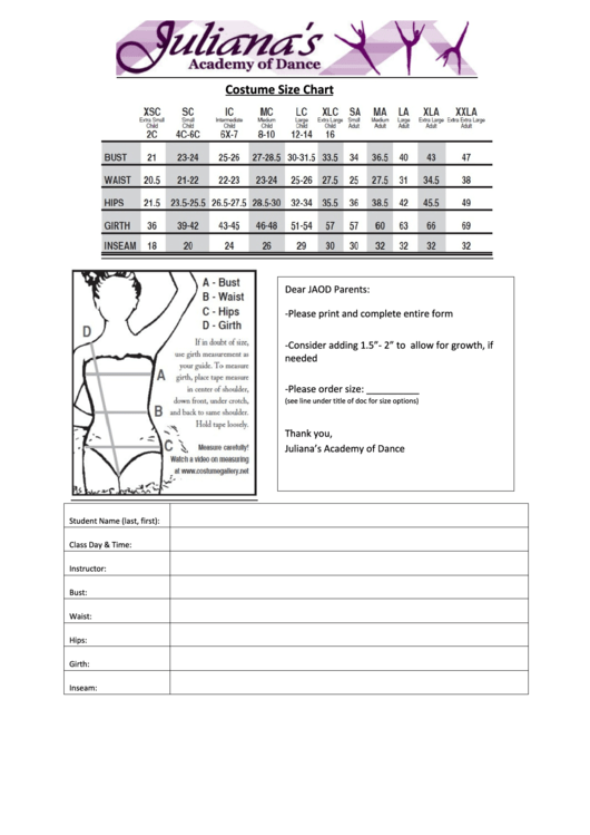 Juliana Academy Of Dance Costume Size Chart printable pdf download