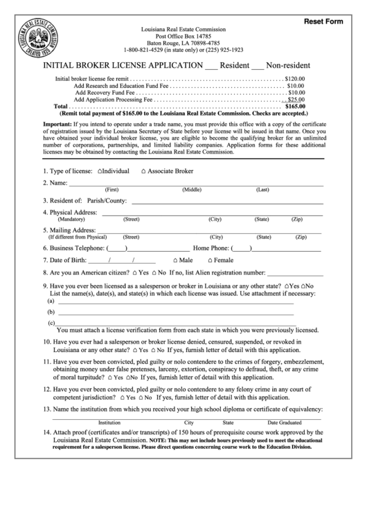 Fillable Initial Broker License Application Louisiana Real Estate