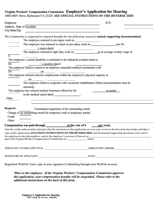 Fillable Vwc Form 5a Employer'S Application For Hearing Virginia Workers' Compensation