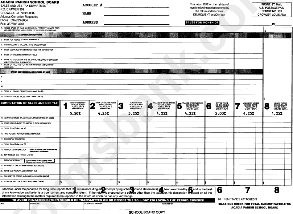 Sales And Use Tax Return Form Acadia Parish School Board La Sales