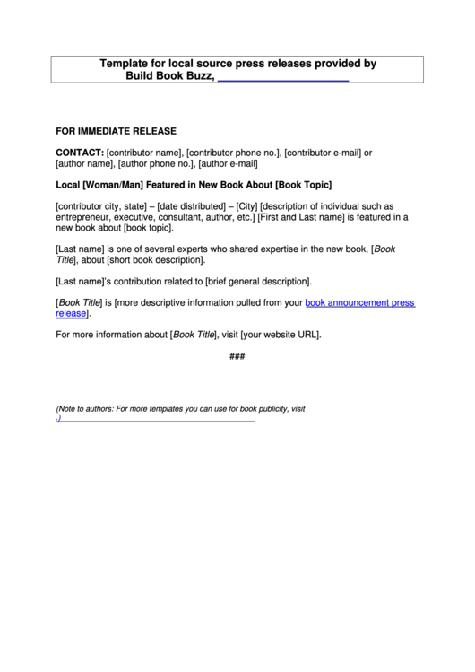 Book Press Release Template printable pdf download