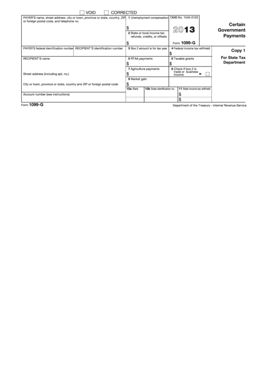 Form 1099-G - Certain Government Payments - 2013 printable pdf download