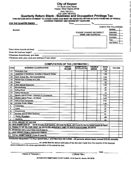 Quarterly Return Blank Business And Occupation Privilege Tax City