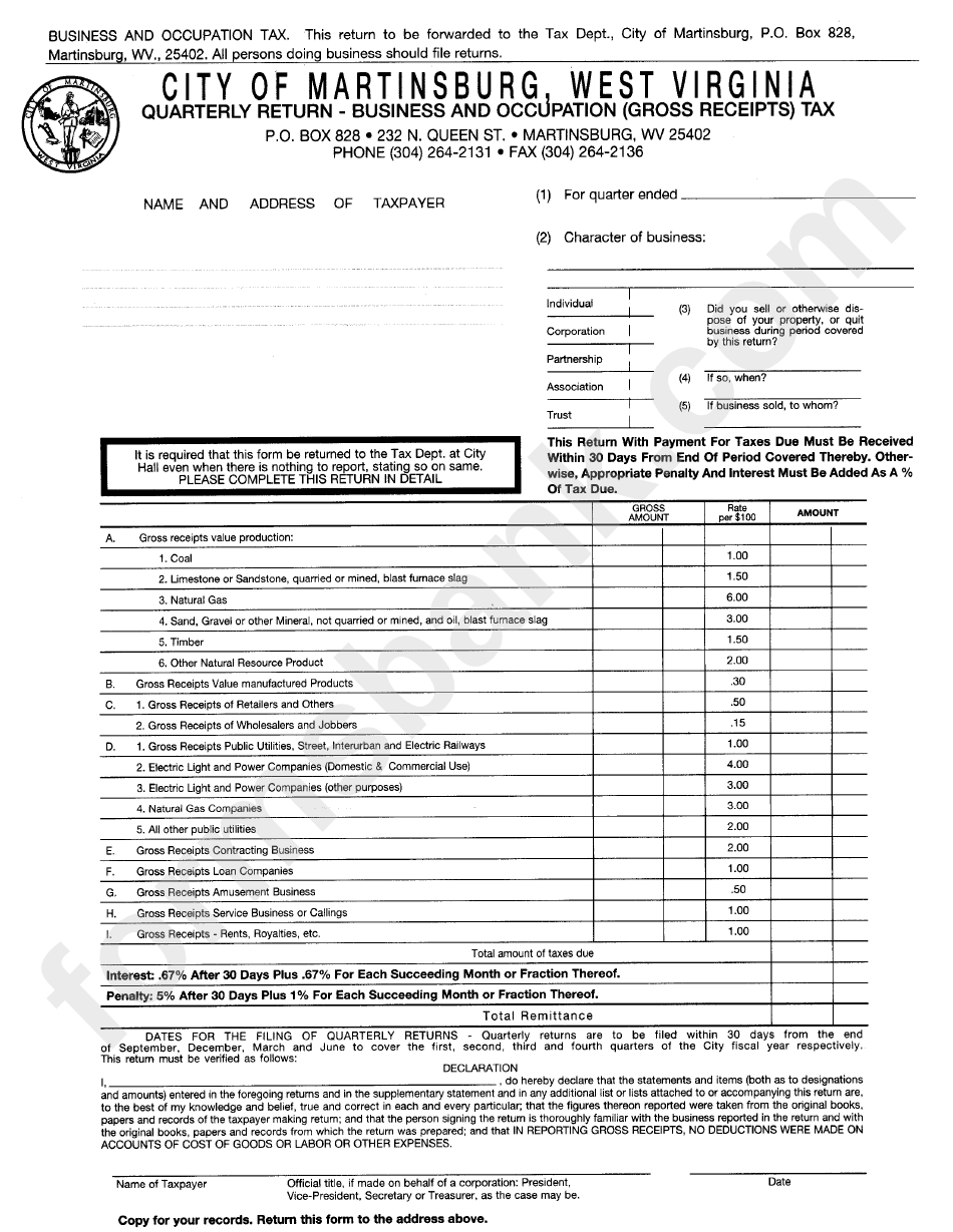 Quarterly Return Business And Occupation(Gross Receipts) Tax City