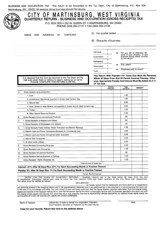 Quarterly Return Business And Occupation(Gross Receipts) Tax City