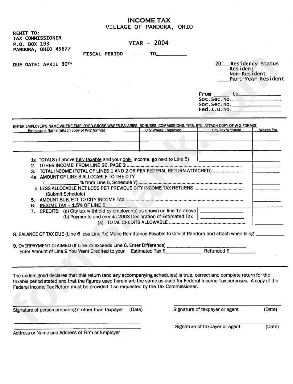 Tax Village Of Pandora, Ohio 2004 printable pdf download