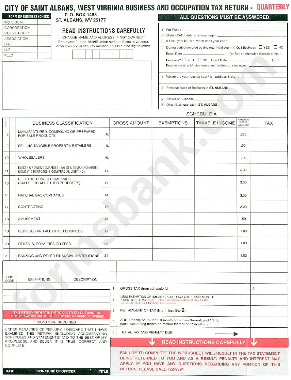 Business & Occupation Tax Quarterly Return City Of Saint Albans, West