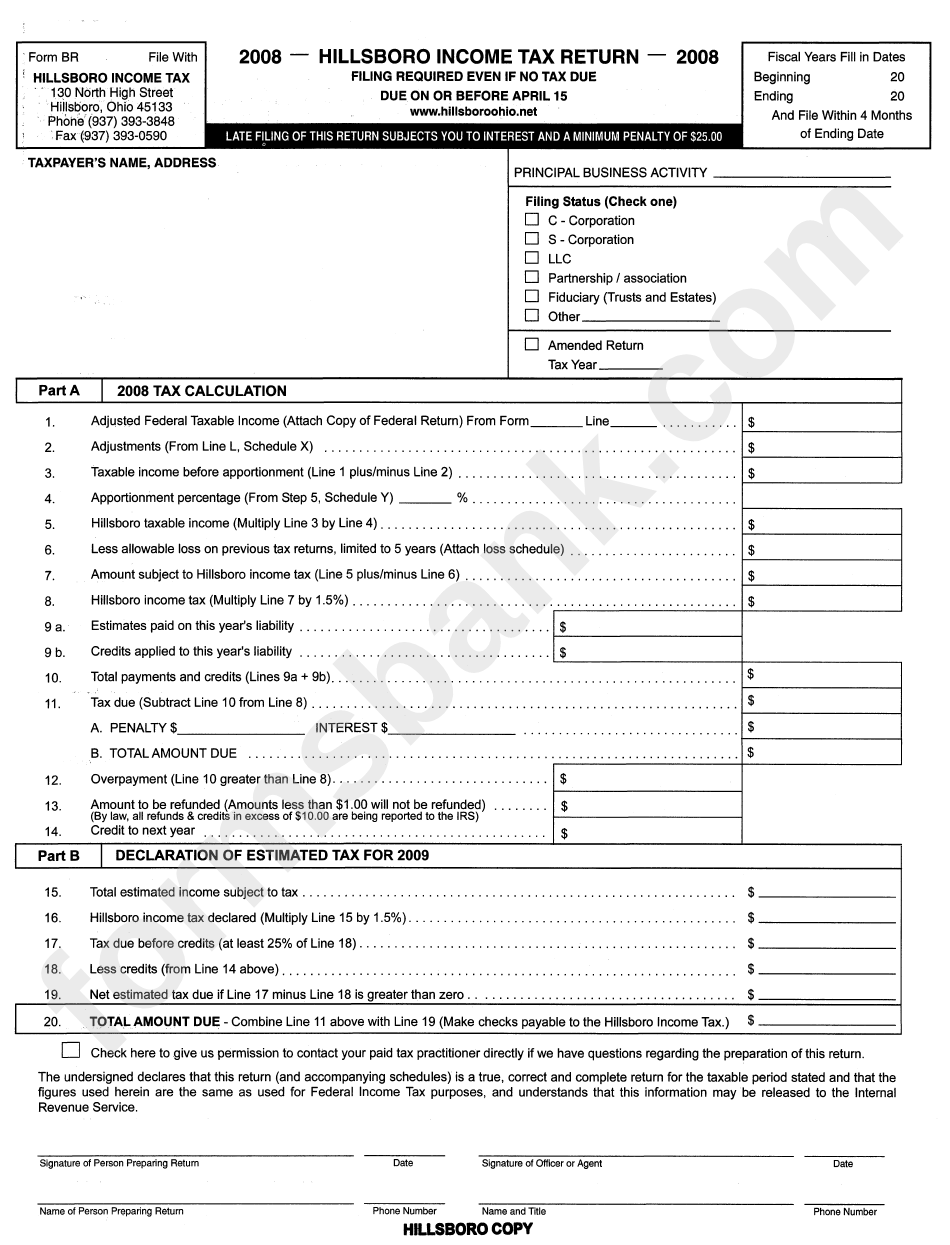 Form Br Hillsboro Tax Return State Of Ohio 2008 printable