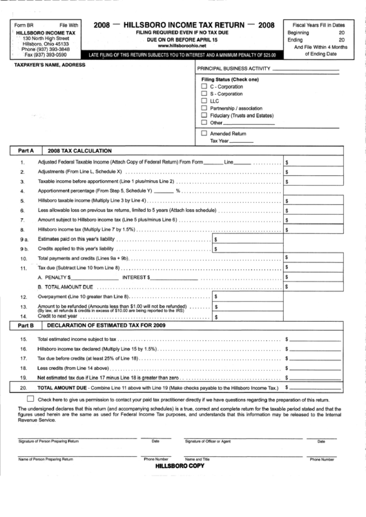 Form Br Hillsboro Tax Return State Of Ohio 2008 printable