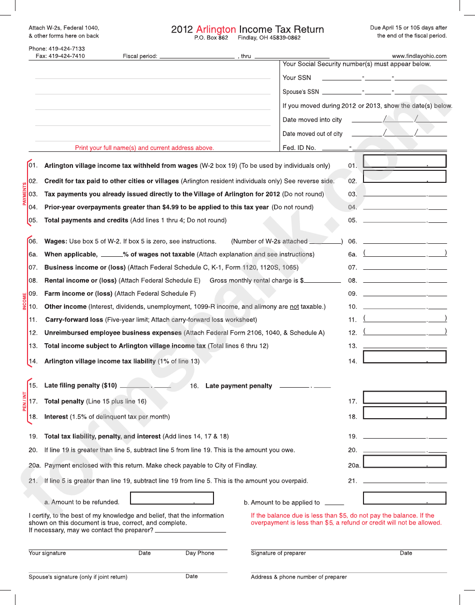 Fillable Tax Return Arlington Village, Ohio 2012 printable