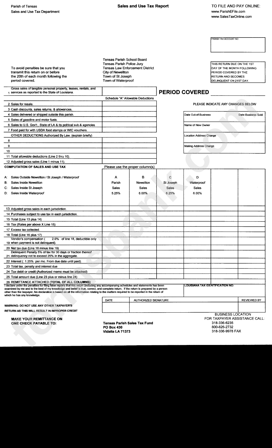 Sales And Use Tax Report Parish Of Tensas, Louisiana printable pdf