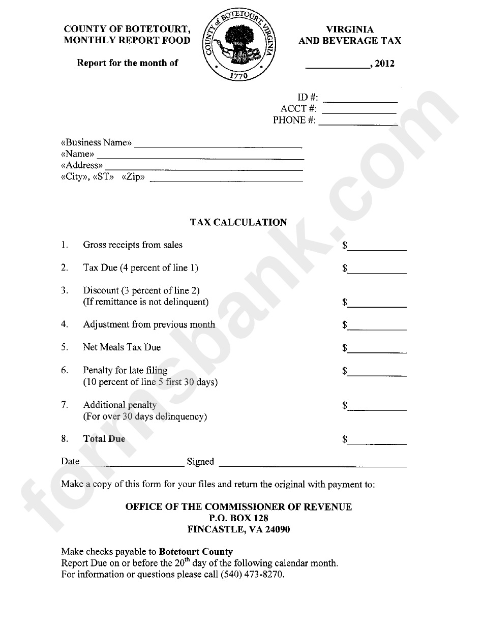 Tax Calculation County Of Botetourt, Virginia 2012 printable pdf