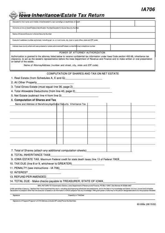 Fillable Form Ia706 Iowa Inheritance/estate Tax Return printable pdf download