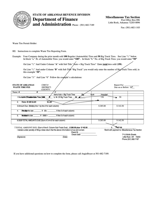 Instructions To Complete Waste Tire Reporting Form Ar Department Of