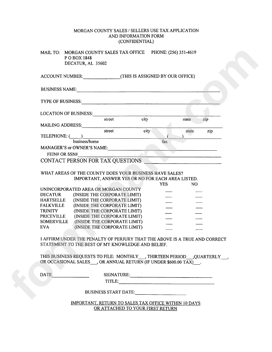 County Sales / Sellers Use Tax Application And Information Form (Confidential) printable