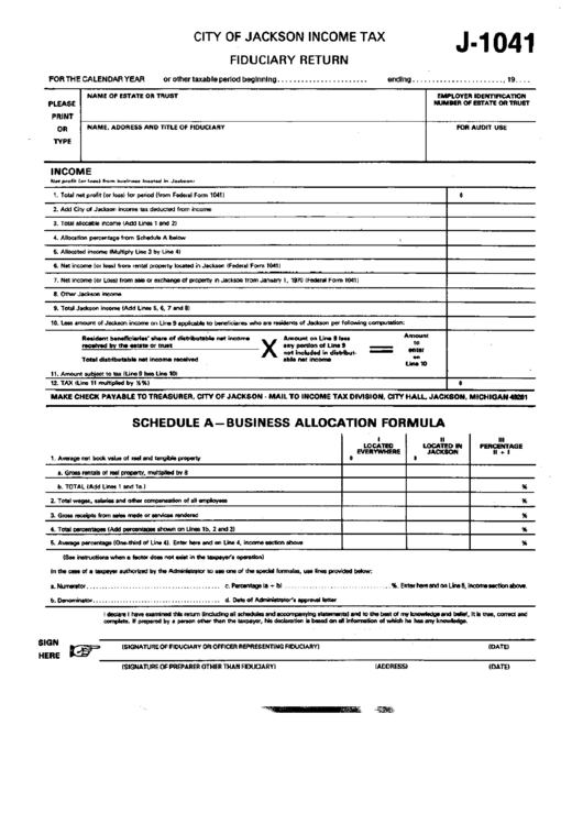 Form J1041 City Of Jackson Tax Fiduciary Return printable pdf