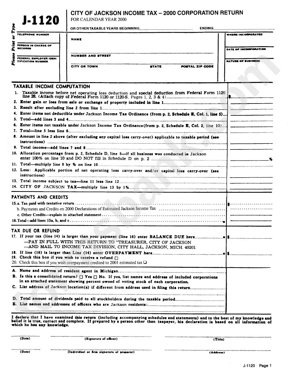Form J1120 City Of Jackson Tax 2000 Corporation Return