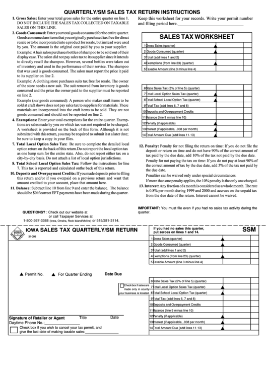 Form Ssm Iowa Sales Tax Quarterly/sm Return printable pdf download