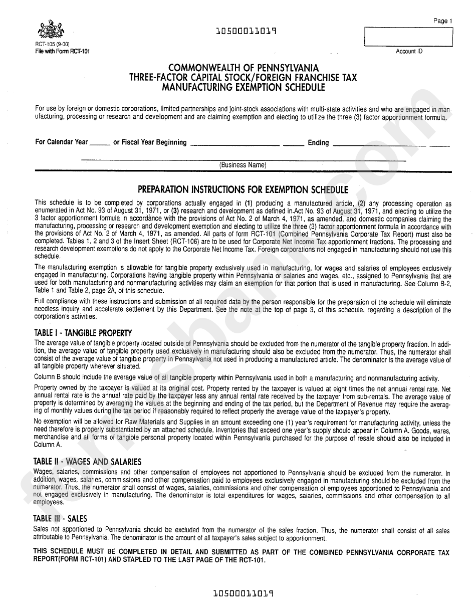 Form Rct105 Commonwealth Of Pennsylvania ThreeFactor Capital