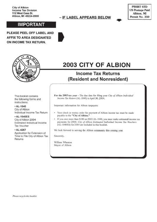 Tax Returns(Resident And Nonresident) City Of Albion, Michigan