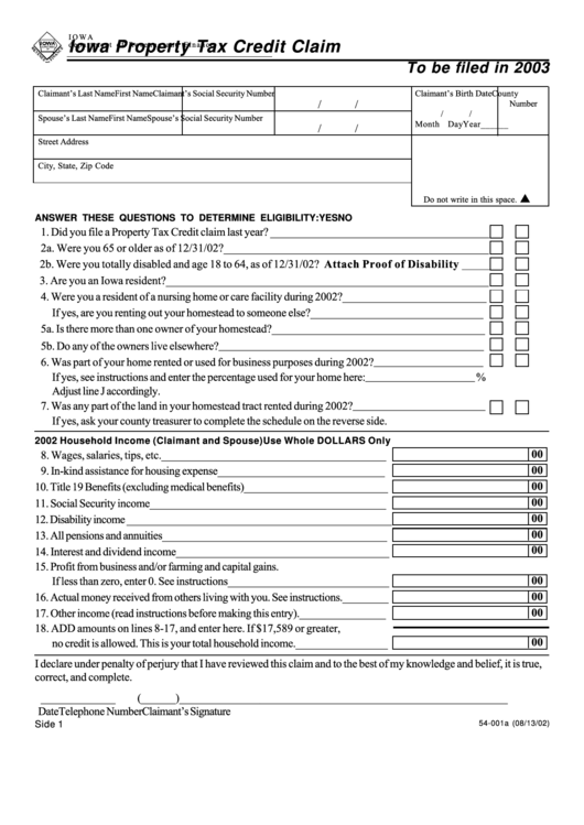 Form 54001 Iowa Property Tax Credit Claim 2003 printable pdf download