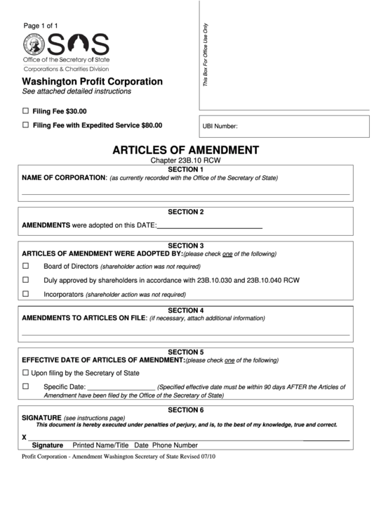 Fillable Articles Of Amendment Washington Profit Corporation