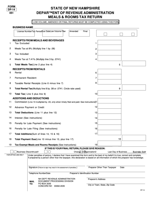 Fillable Form Dp14 Meals & Rooms Tax Return printable pdf download