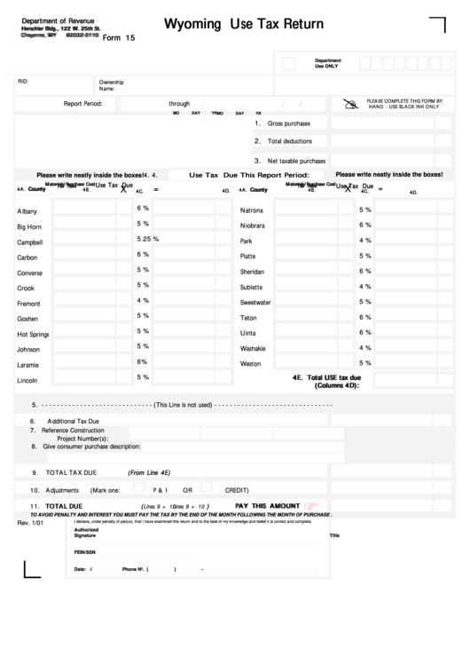 Form 15 Wyoming Use Tax Return 2001 printable pdf download