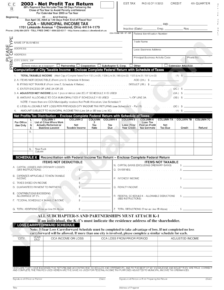 Net Profit Tax Return Ohio Municipal Tax 2003 printable pdf