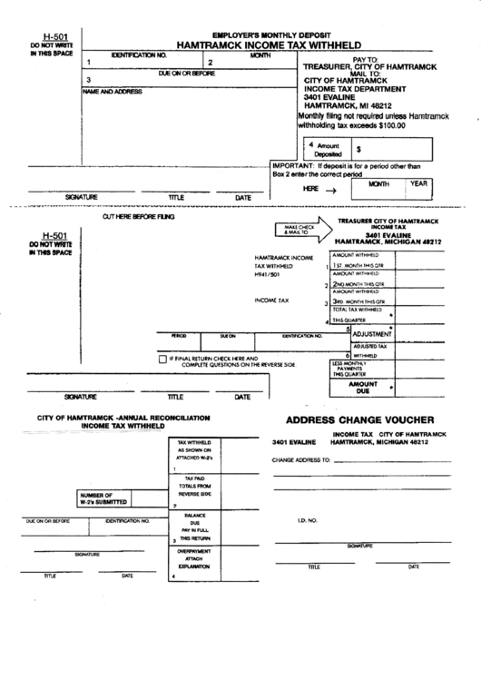 Form H501 Employer'S Monthly Deposit Hamtramck Tax Withheld