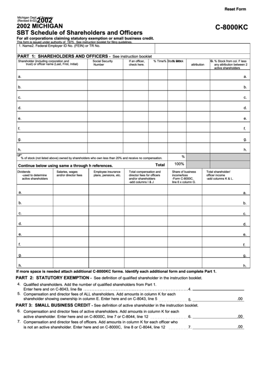 Fillable Form C8000kc Michigan Sbt Schedule Of Shareholders And