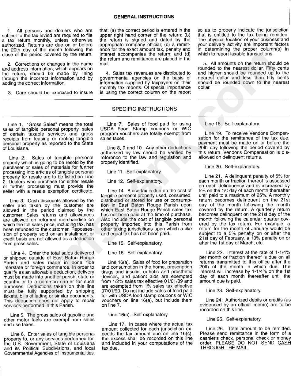Sales/use Tax Return Instructions East Baton Rouge Parish printable