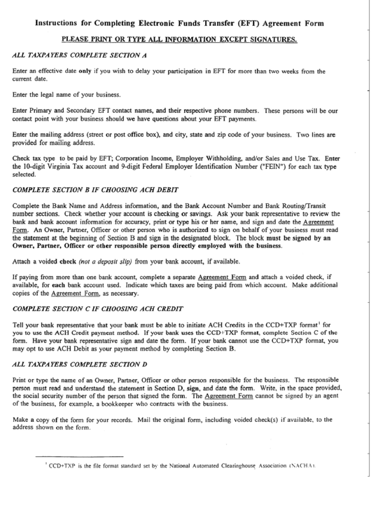 Instructions For Completing Electronic Funds Transfer (Eft) Agreement