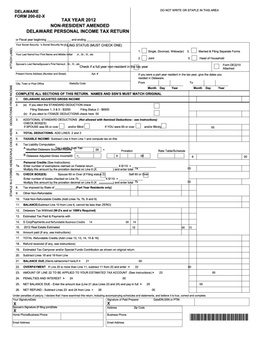 Form 20002X NonResident Amended Delaware Personal