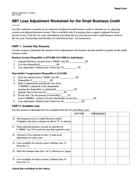 Fillable Form 3307 Sbt Loss Adjustment Worksheet For The Small