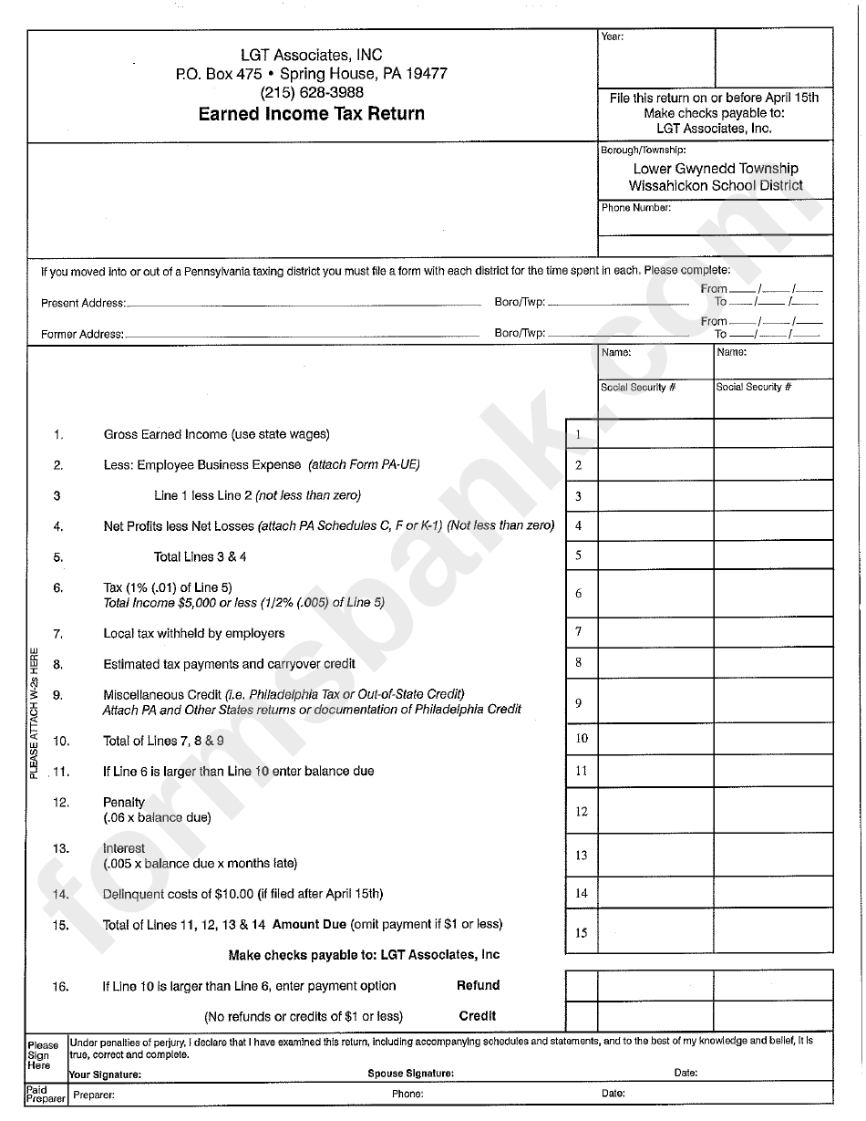 Earned Tax Return State Of Pennsylvania printable pdf download