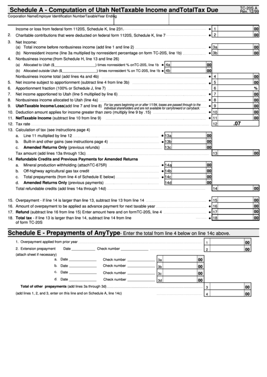 Form Tc20s Computation Of Utah Net Taxable And Total Tax Due