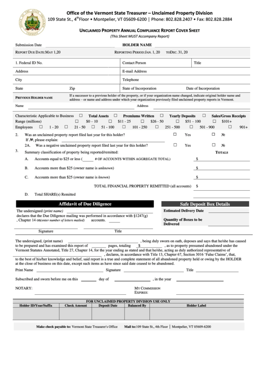 Unclaimed Property Annual Compliance Report Cover Sheet printable pdf download
