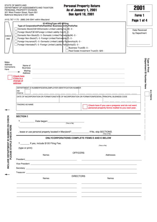Fillable Form 1 Personal Property Return 2001 printable pdf download