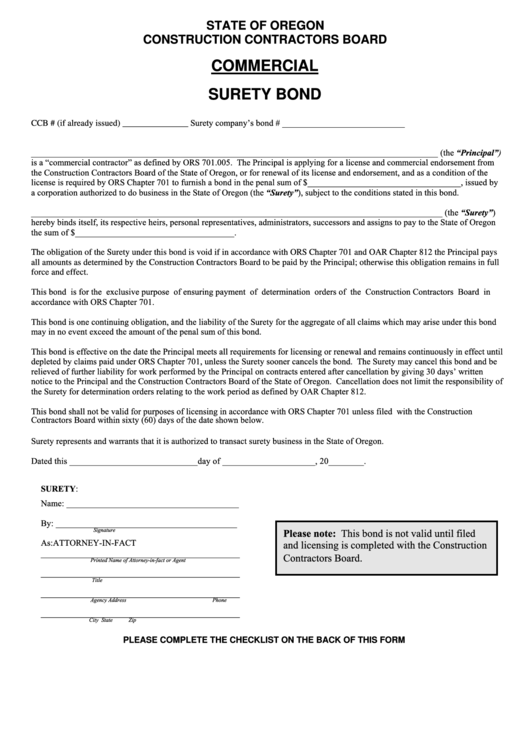 Commercial Surety Bond Oregon Construction Contractors Board 2015
