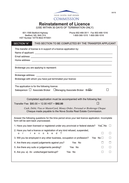 Reinstatement Of Licence Nova Scotia Real Estate Commission printable