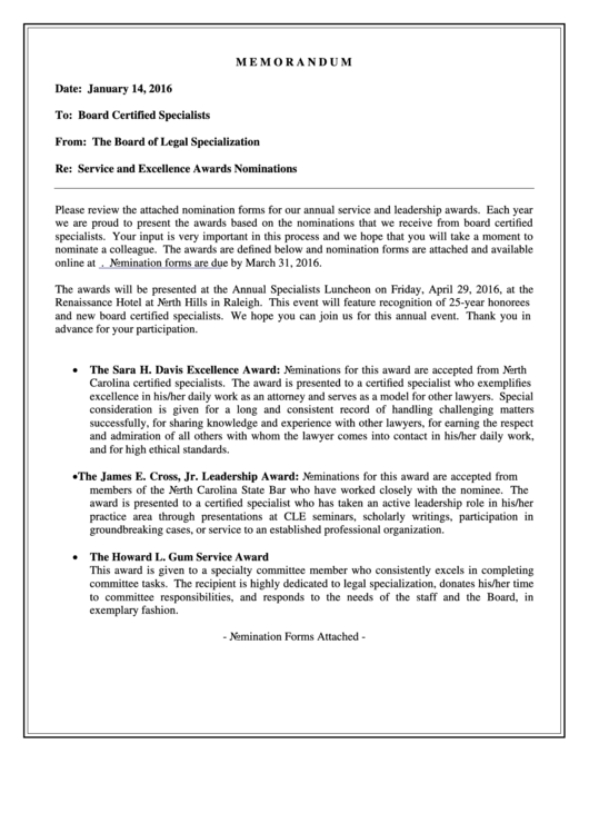 Fillable Service And Excellence Awards Nominations The North Carolina