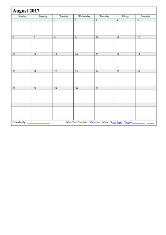 August 2017 Calendar Template printable pdf download