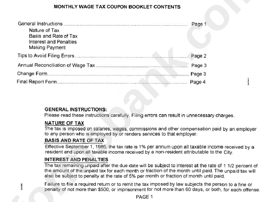Monthly Wage Tax Coupon Booklet City Of printable pdf