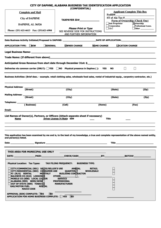 Business Tax Identification Application City Of Daphne printable pdf