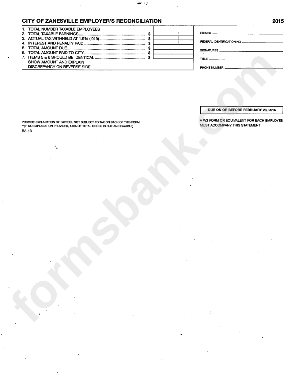 Form Ba13 City Of Zanesville Employer'S Reconciliation 2015