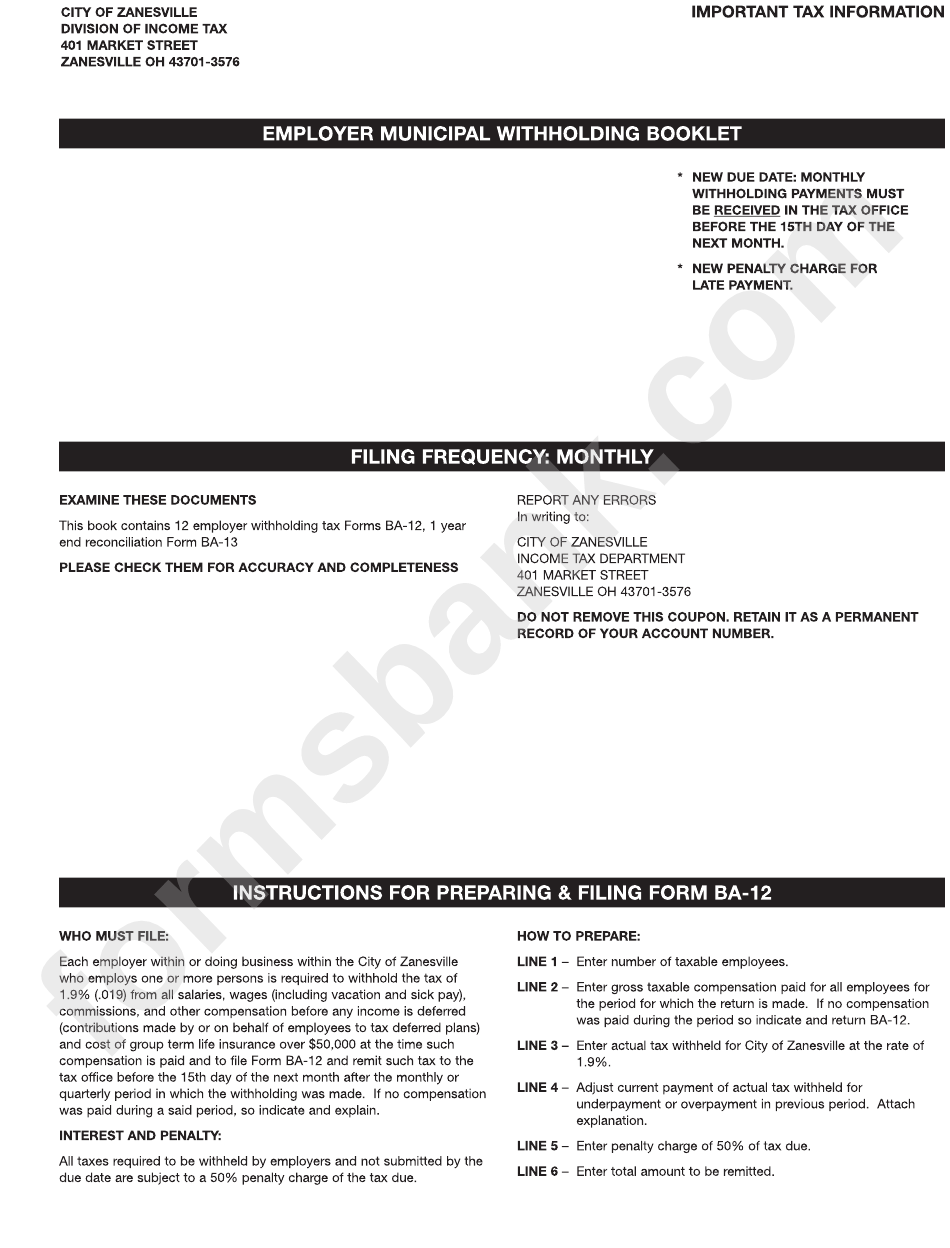 Form Ba12 City Of Zanesville Employer'S Return Of Tax Withheld printable pdf download